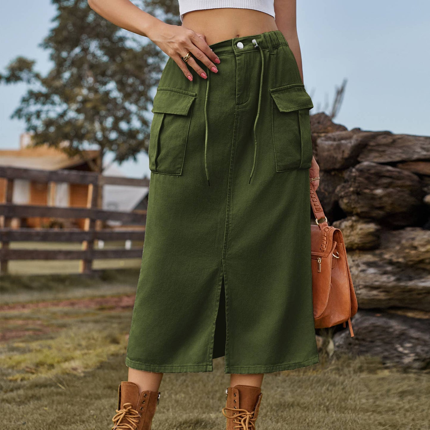 LACE-UP CARGO DENIM SLIT SKIRT