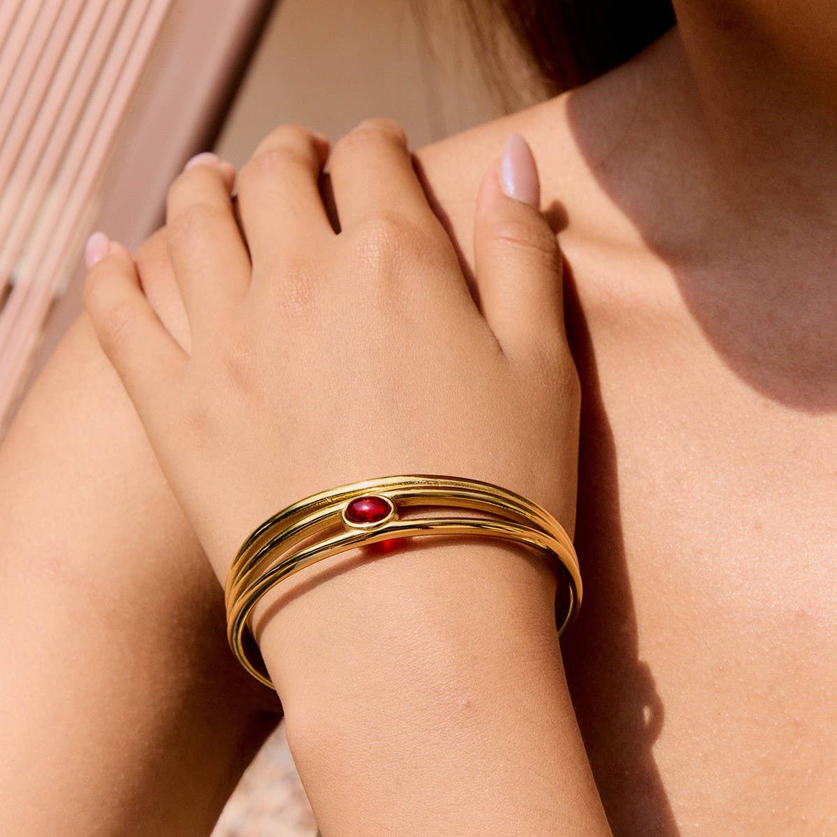 Luxury 18K Gold Triple Layer Red Stone Open Cuff