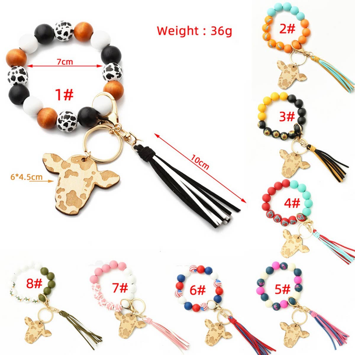 Cow Head Keychain with Tassel and Wood Beads_CWAB5093