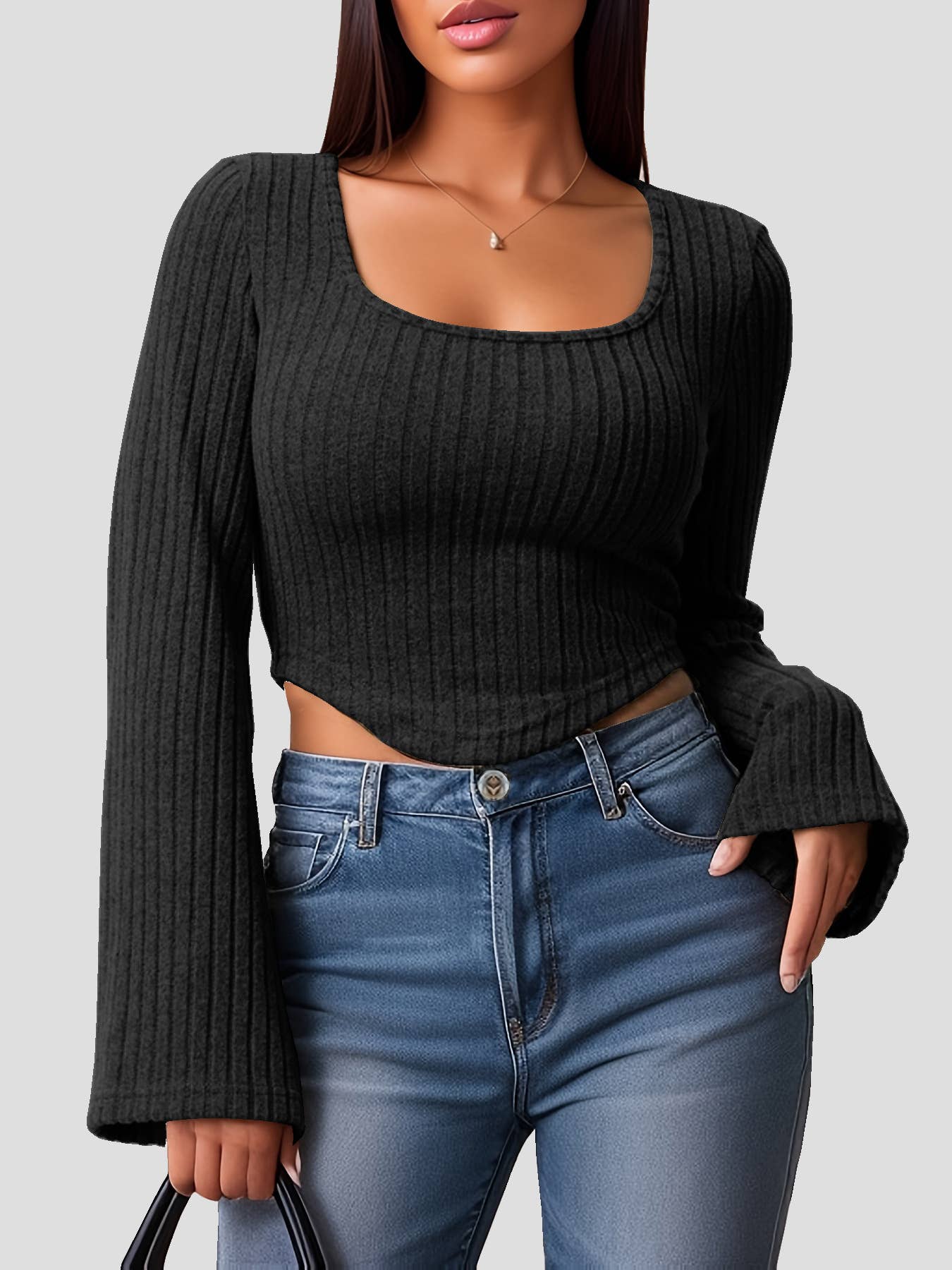 SEXY SLIM  COLLAR SOLID COLOR FLARED SLEEVE TOP