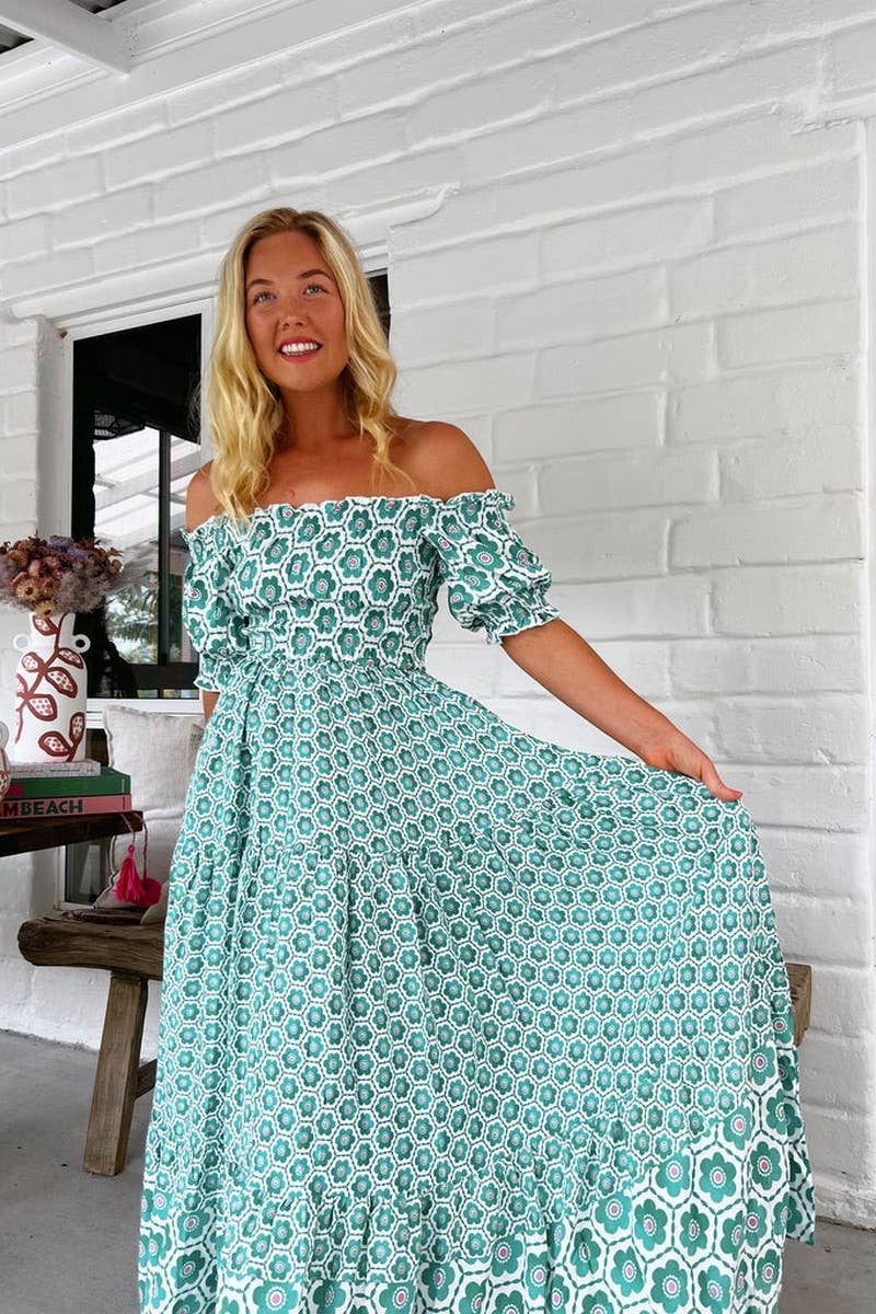 CWDMD5185_FLORAL PUFF SLEEVE OFF-SHOULDER FLARED DRESS