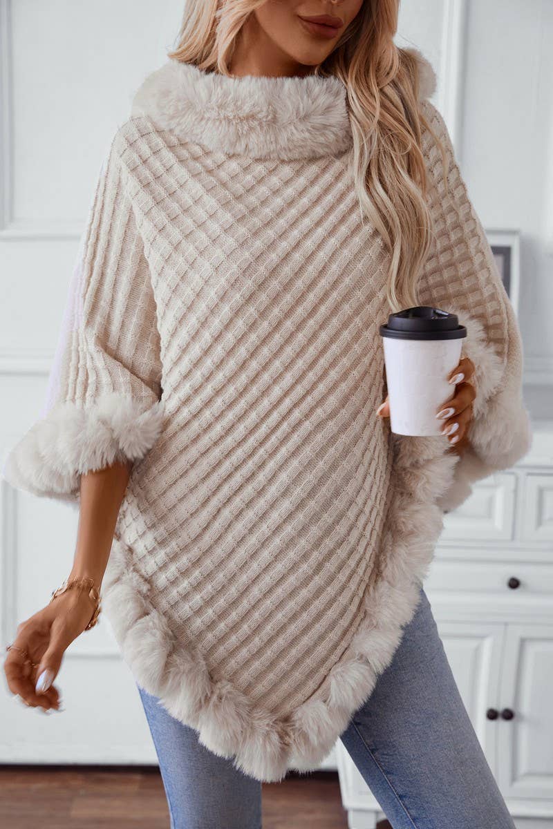 CWOCAS0045_THICK FUR COLLAR VINTAGE PLAID KNITTED CAPE SHAWL