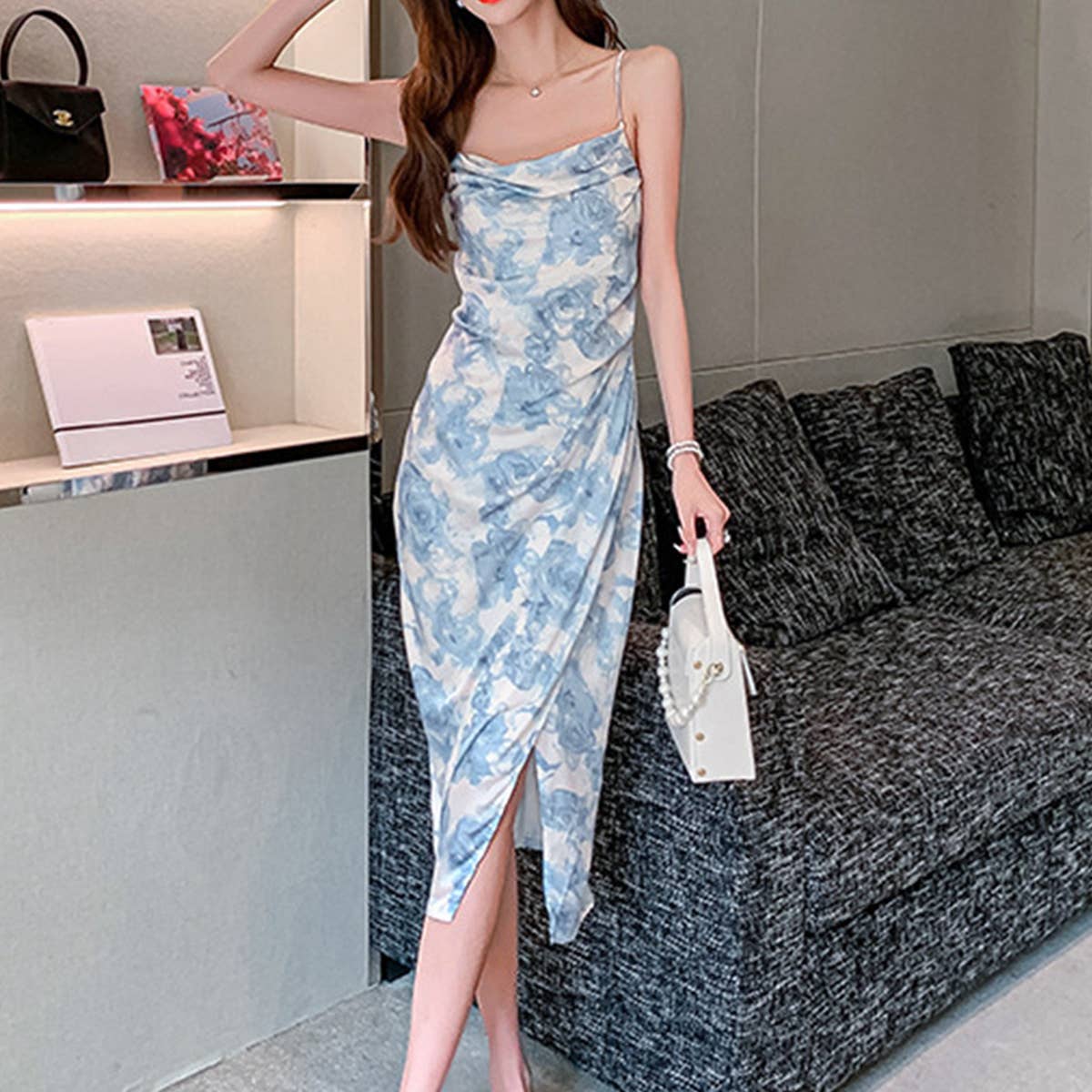Printed slit sleeveless halter dress