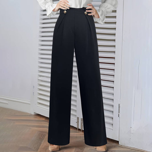 Solid color button-knit stretch wide-leg pants