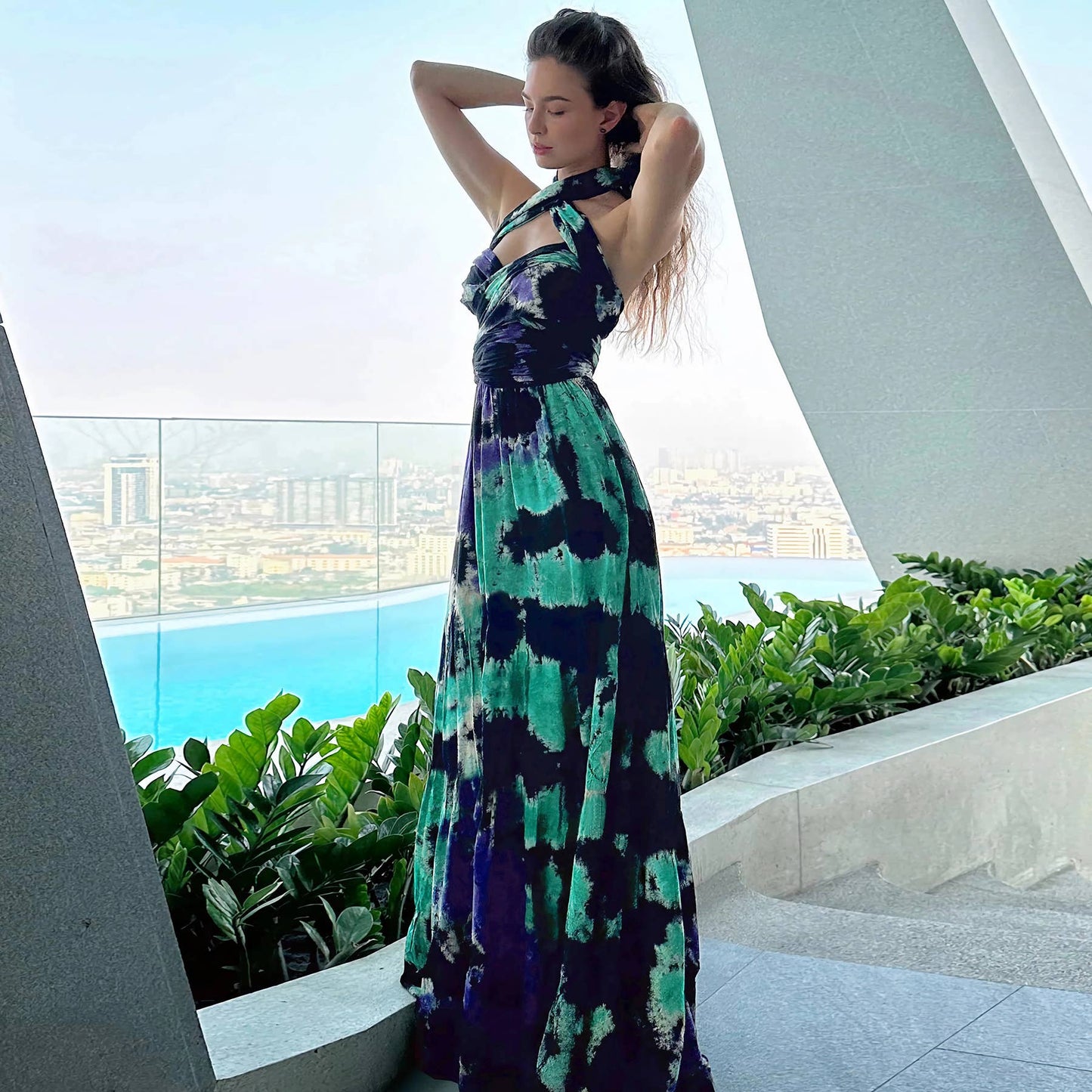 Trendy Sleeveless Tie-Dye Halter Neck Dress