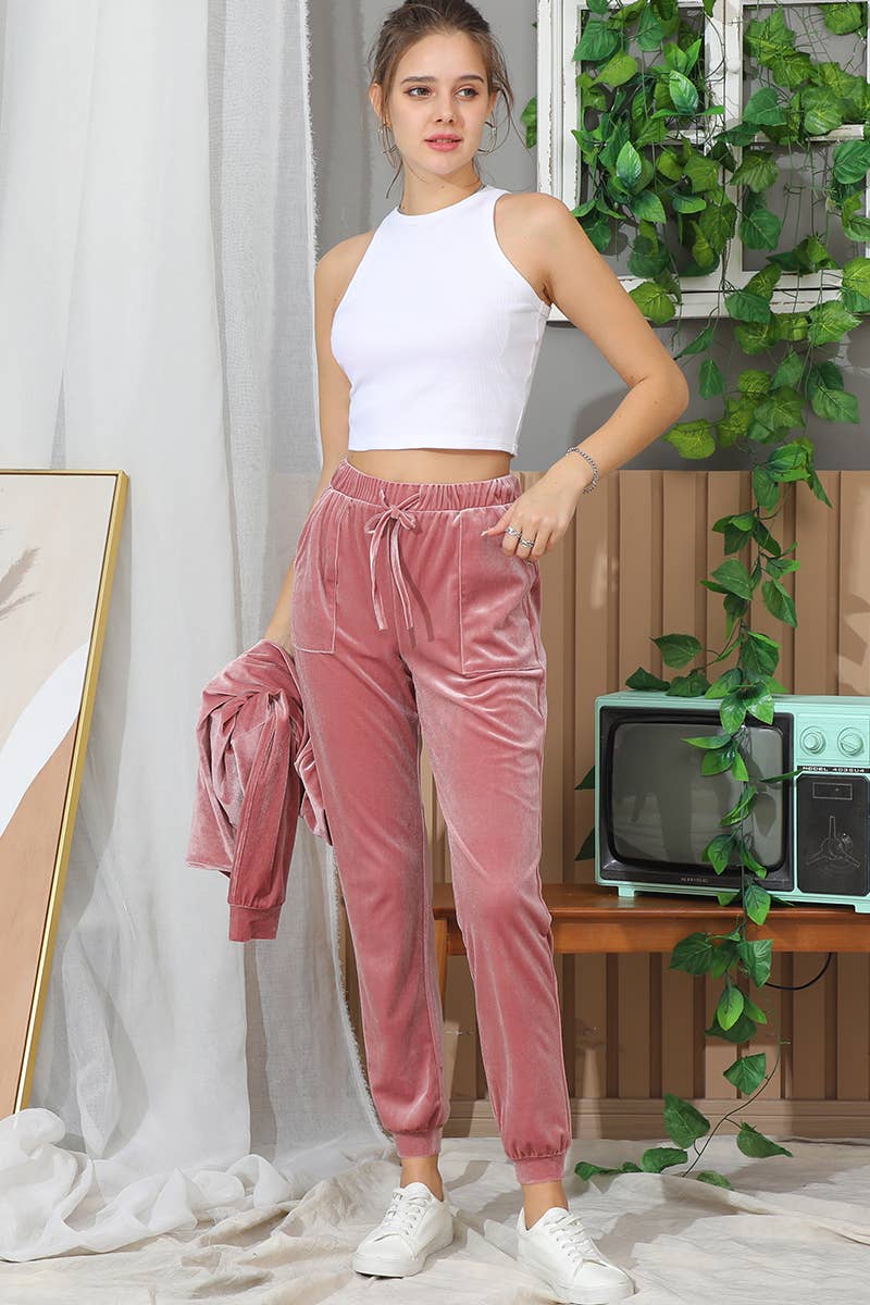 CWBLP422_WAIST TIE BAND CASUAL VELVET LONG TRACK PANTS