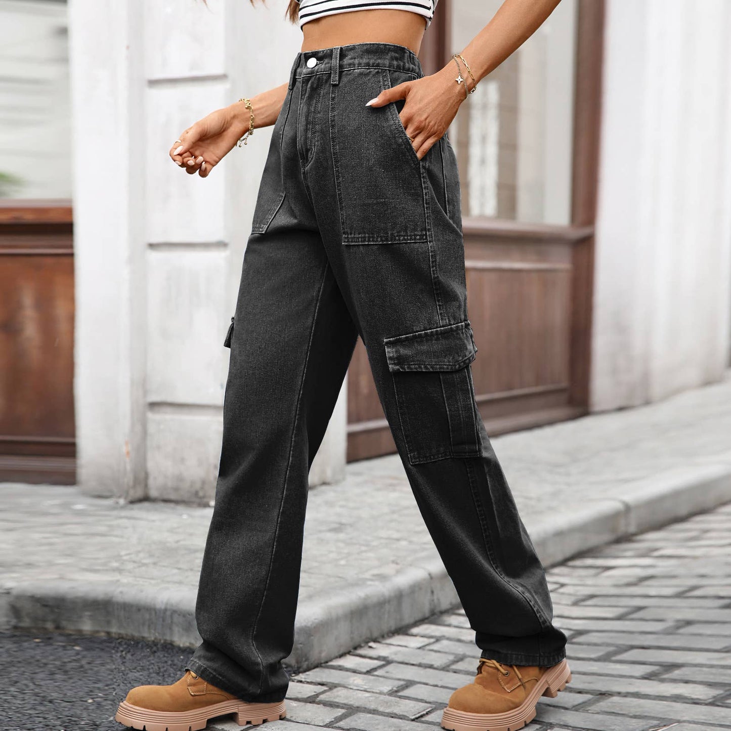 Washed semi-elastic waist denim workwear trousers