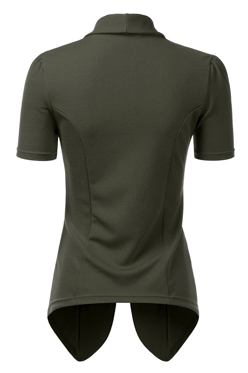 CWOBL095_Short Sleeve Open Front Draped Ruffles Blouses