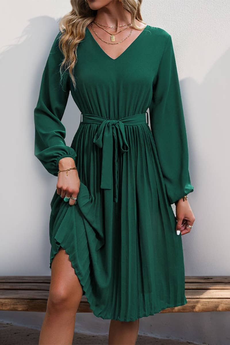 CWDMD4081_V-NECK LONG SLEEVE LACE-UP PLEATED DRESS