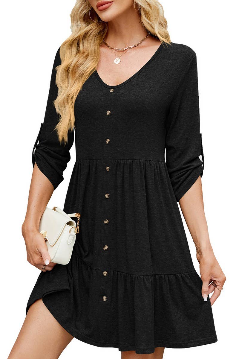 CWDSD7285_ROUND NECK BUTTON GATHERED ELBOW SLEEVE DRESS