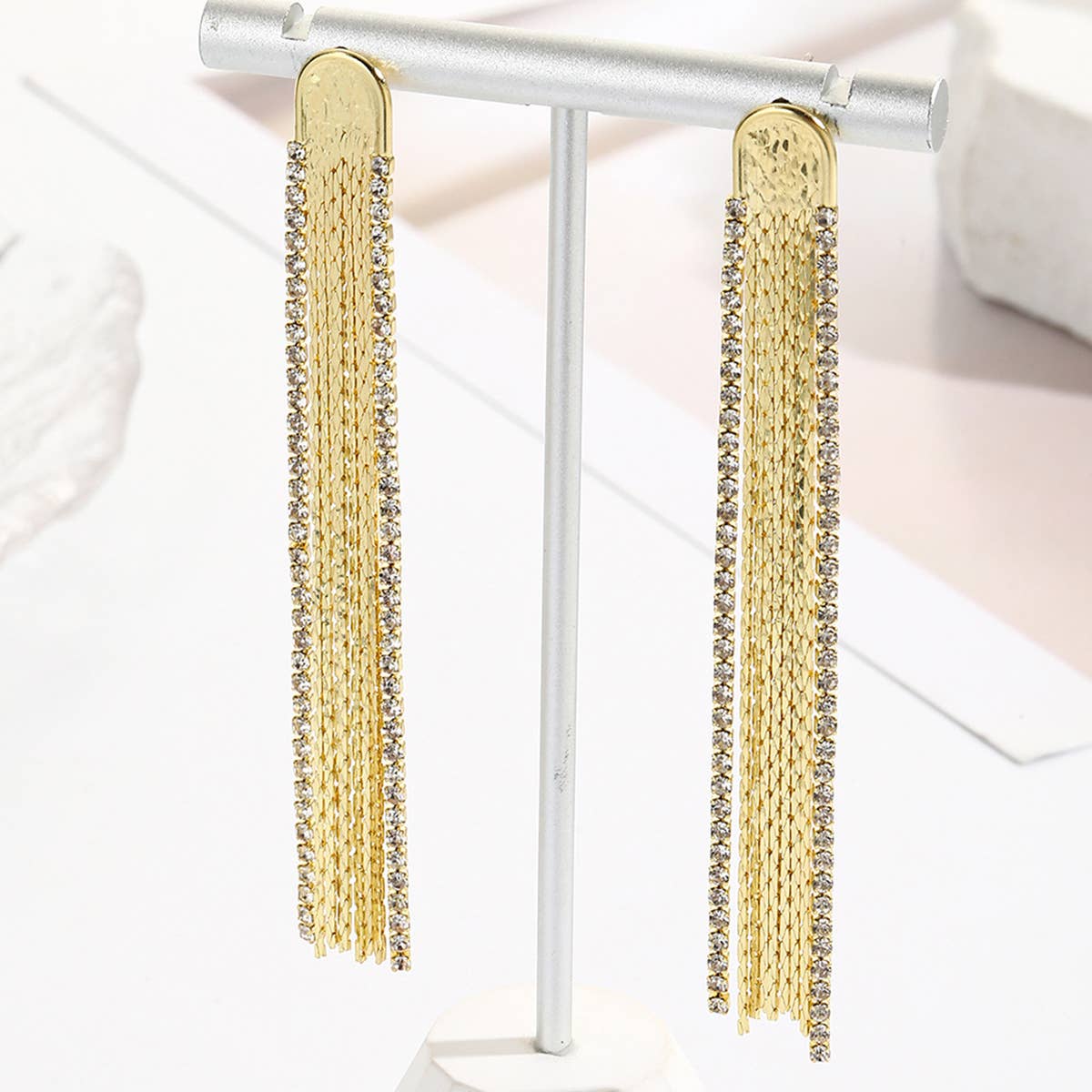 RHINESTONE DECOR METAL TASSEL DROP EARRINGS