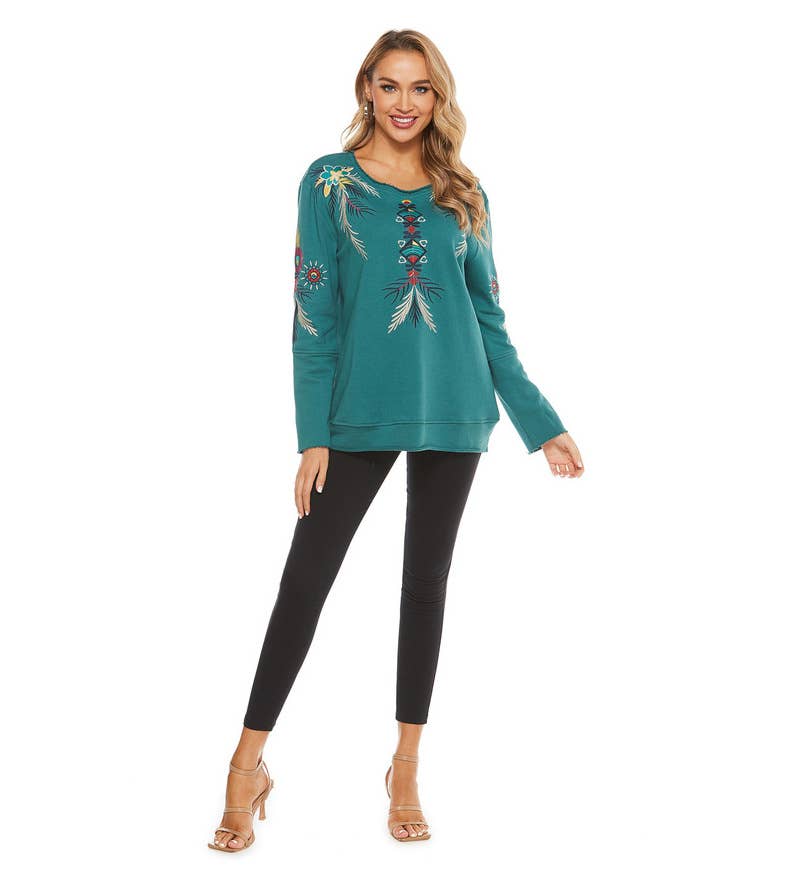 STYLISH CREW NECK PULLOVER EMBROIDERED TOP