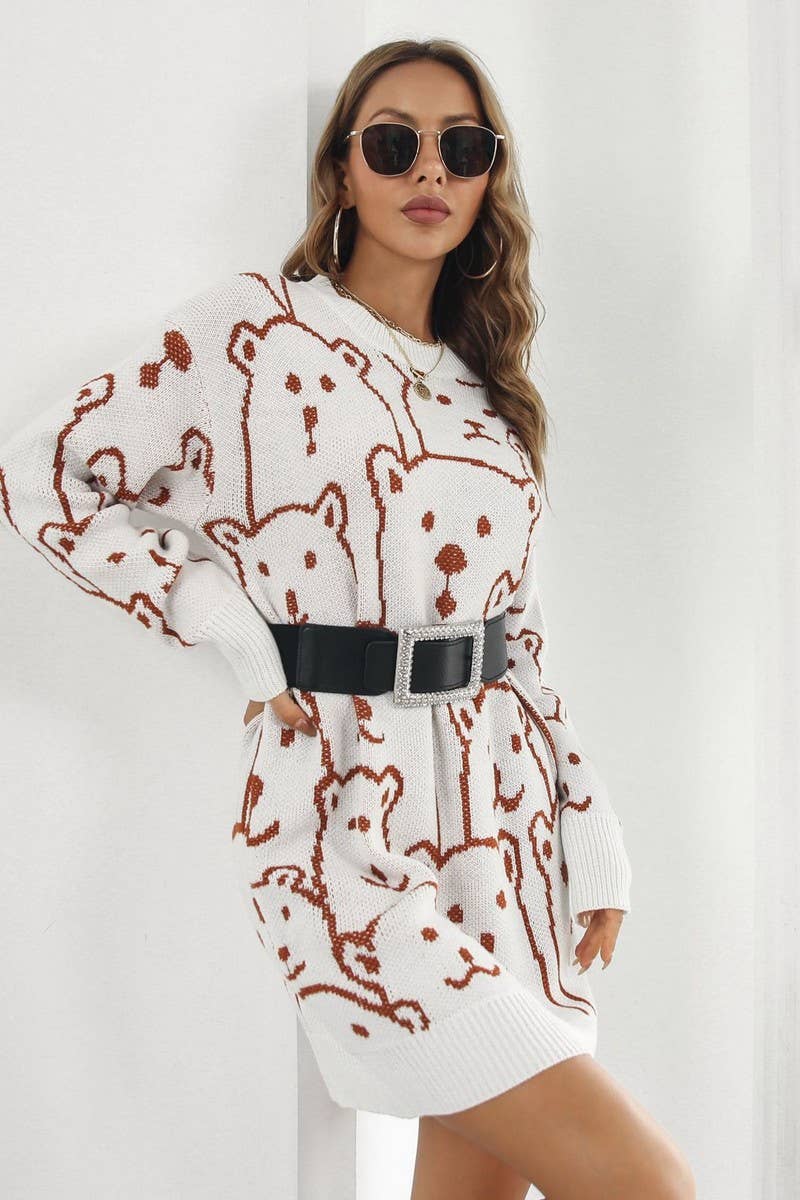 CWDSD7336_SWEET LOOSE BEAR JACQUARD KNITTED DRESS