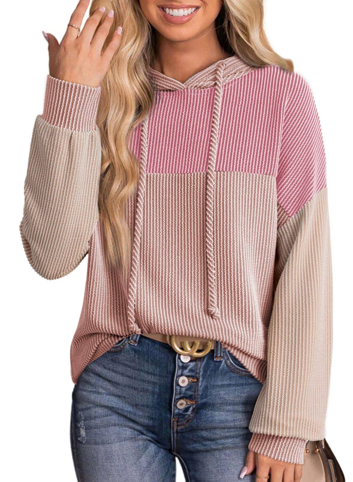 Twisted striped color-blocked hooded sweatshirt