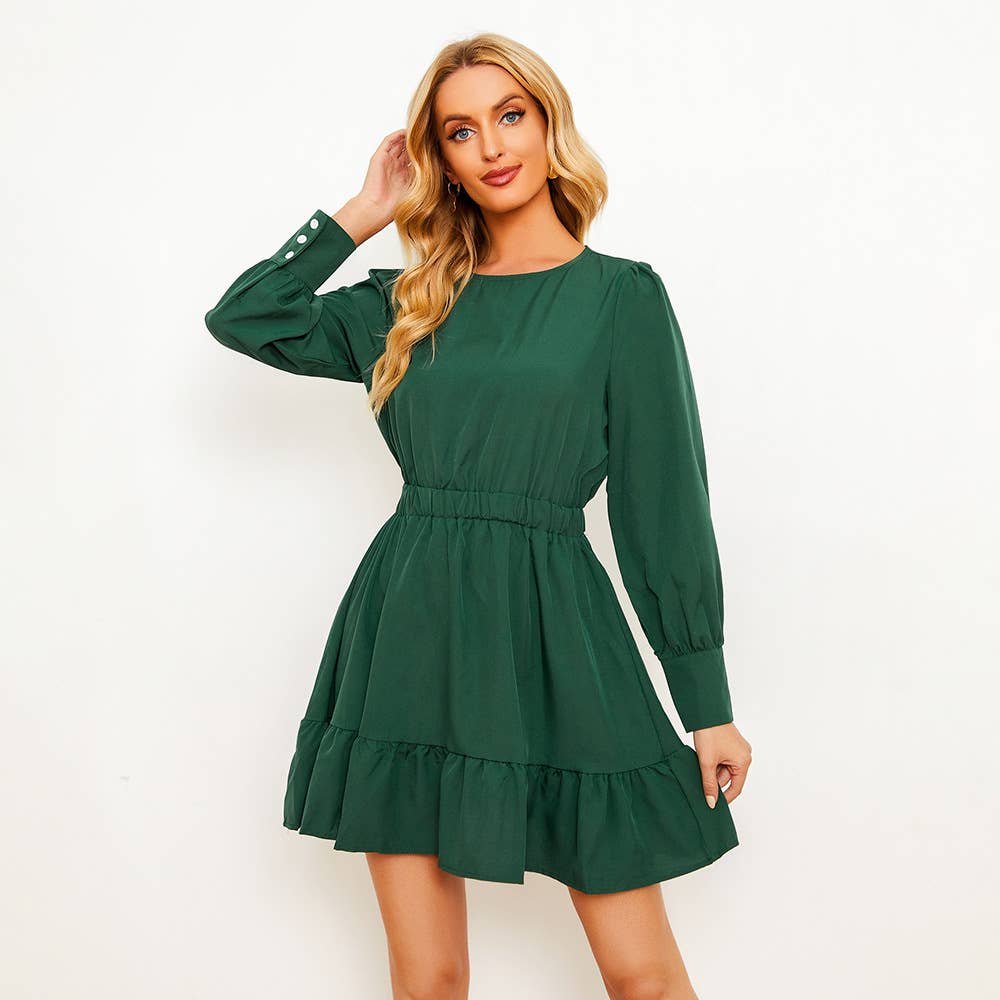 SOLID COLOR PINCHED WAIST LONG SLEEVE DRESS