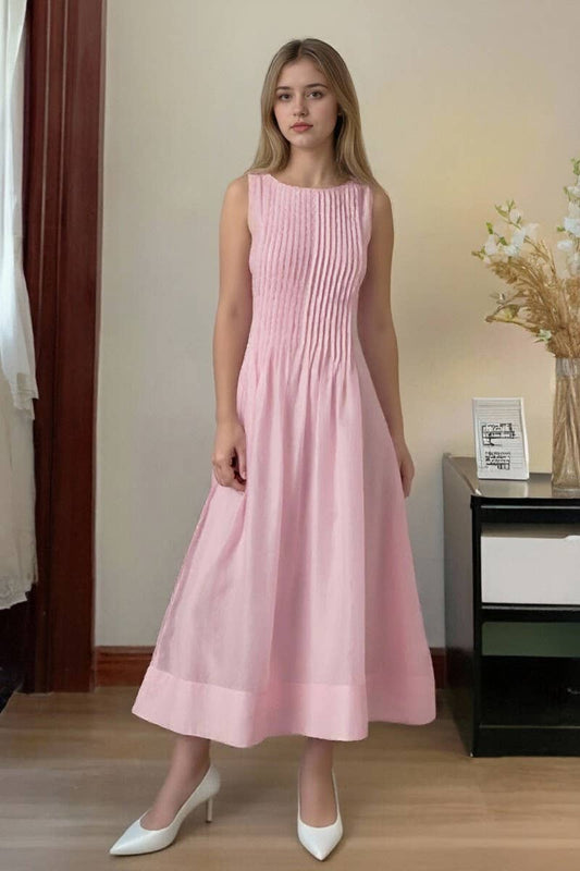 CWDMD6404_PINK RUCHED SLEEVELESS TANK MIDI DRESS