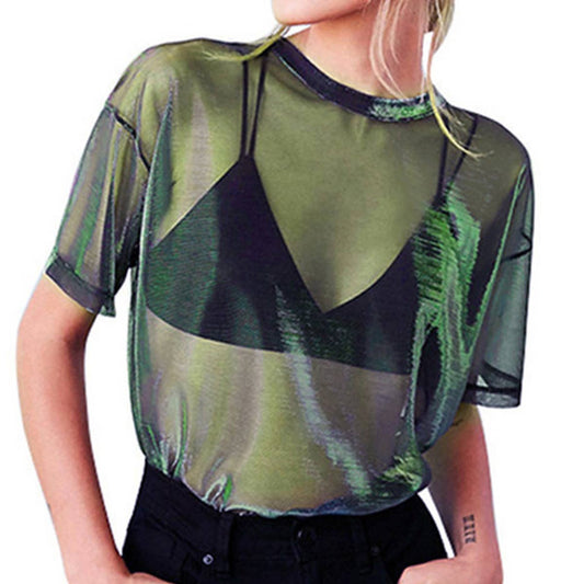 Sexy Sheer Holographic Mesh Short Sleeve Tee