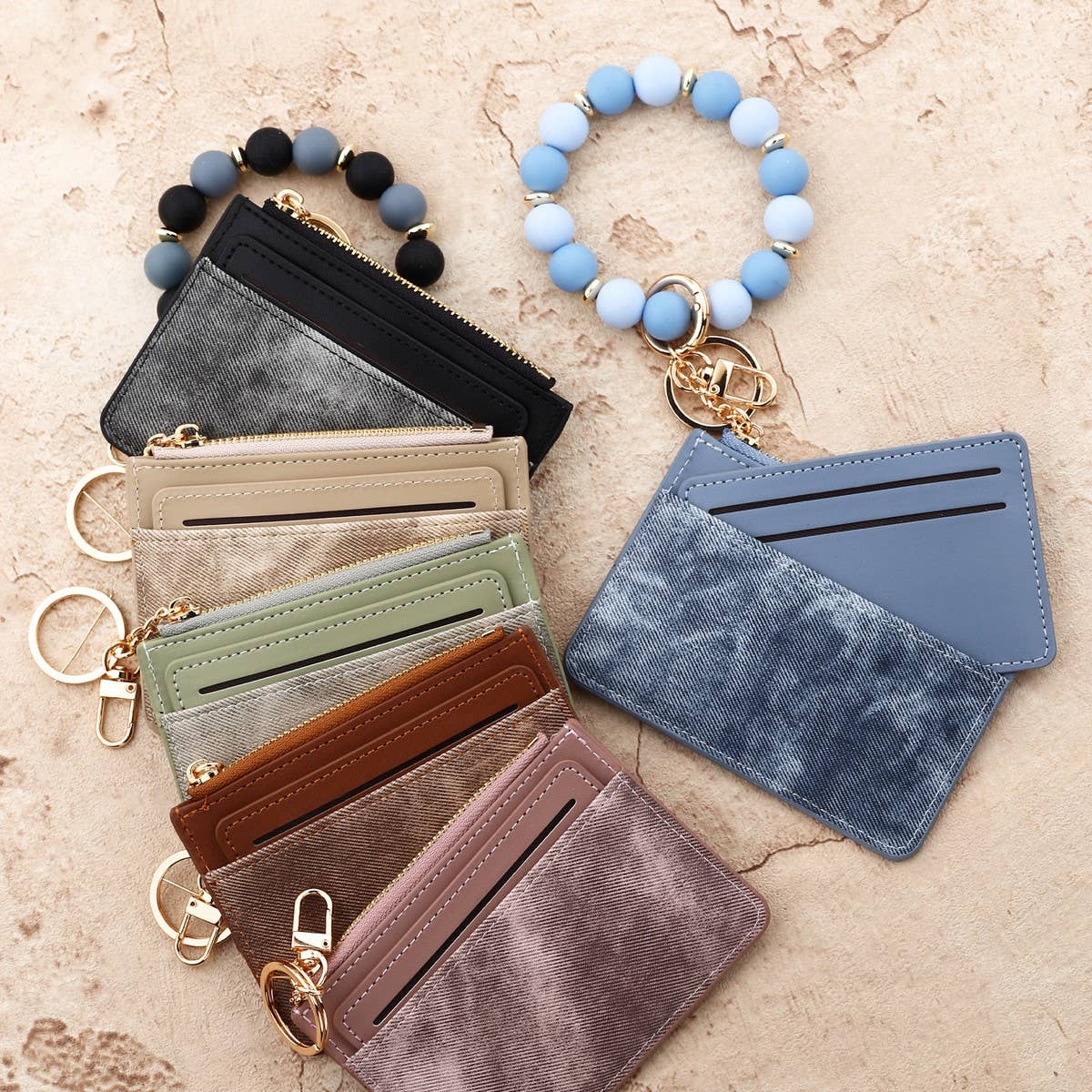 Fashionable Leather Card Wallet with Bead Keychain_CWAB4956