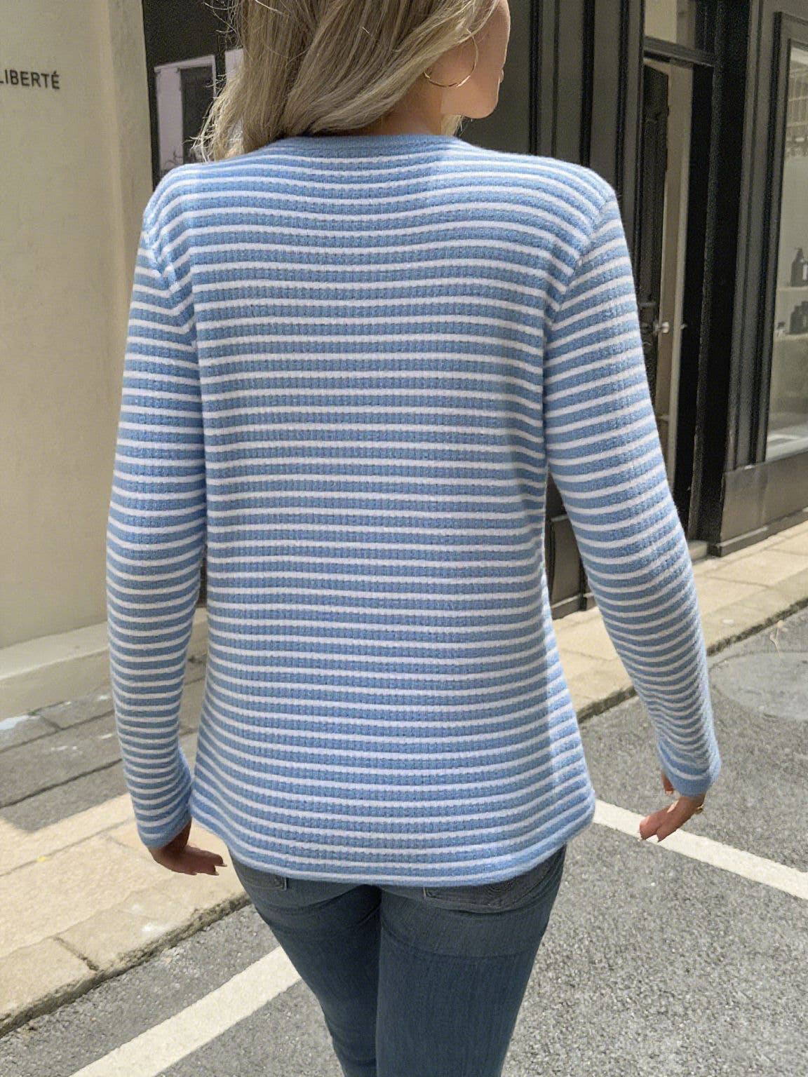 Teak striped V-neck long-sleeved T-shirt
