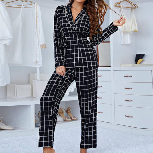 TWO-PIECE LONG SLEEVE DEEP V-NECK LOUNGEWEAR SET