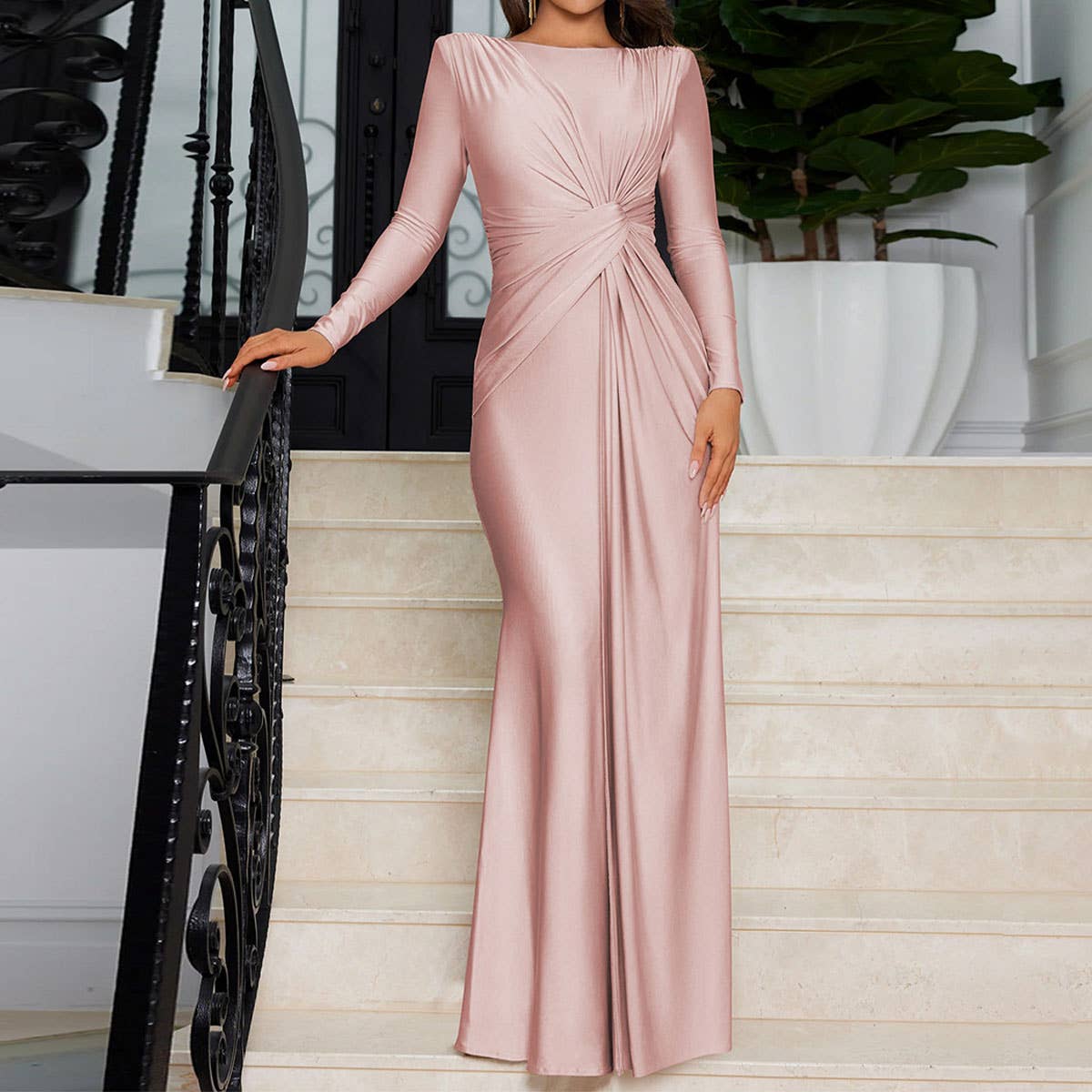 STYLISH SLIM DRESS WITH CREW NECK AND LONG SLEEVES