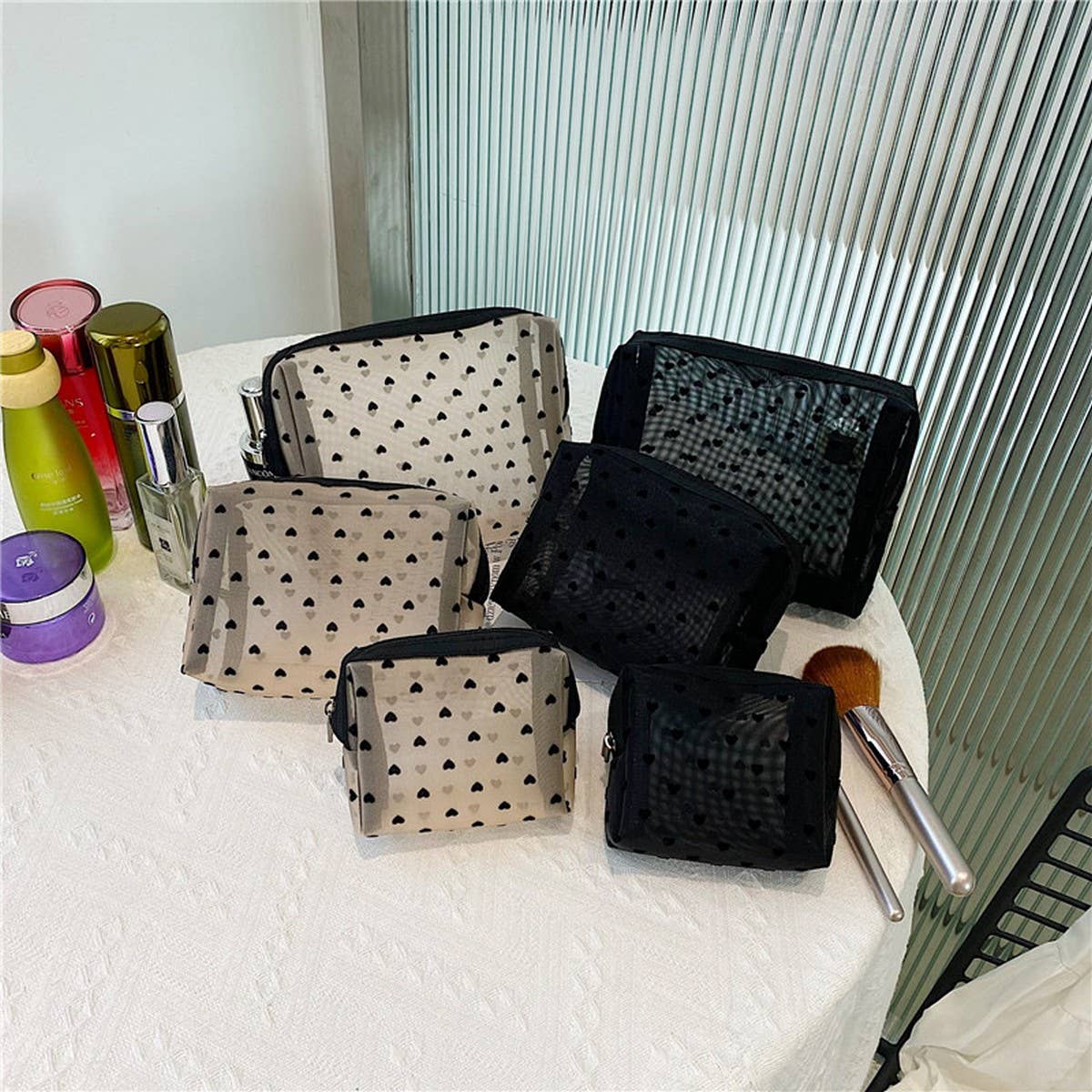 NEW FASHION MESH FLOCKING LOVE COSMETIC BAG_CWAB4496