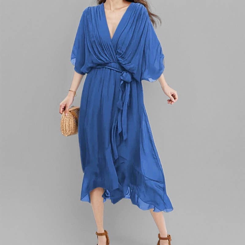 Solid color lace-up deep V-neck batsleeve dress