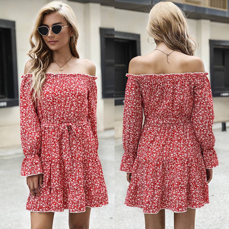 One-shoulder flared lace-up floral dress