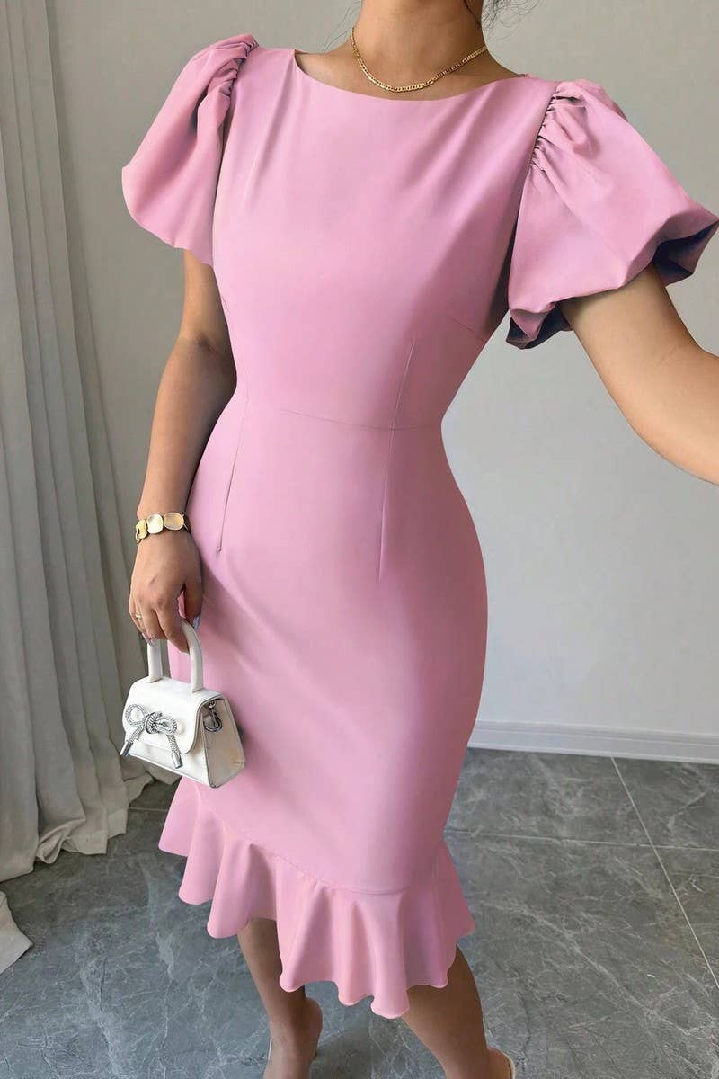 CWDSD7396_ROUND NECK LANTERN SLEEVE RUFFLED FISHTAIL DRESS