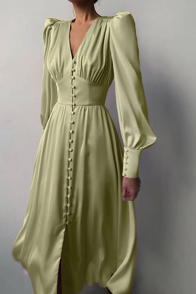 CWDMD4255_V-NECK SATIN PALACE RETRO LONG SLEEVE DRESS