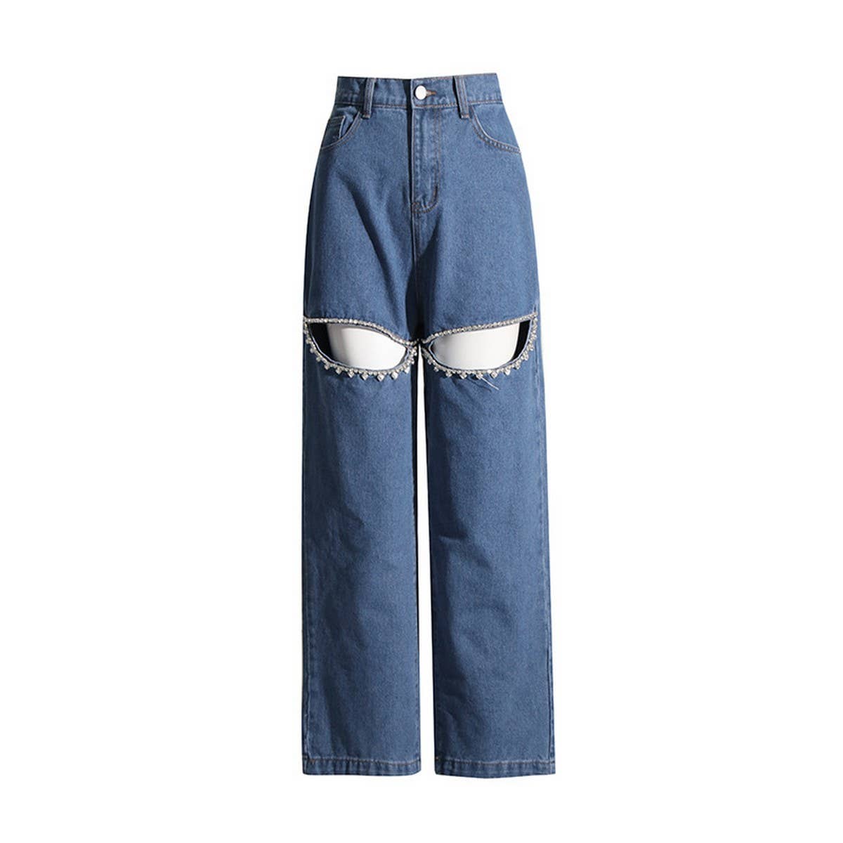 MID RISE STRAIGHT HOLLOW DIAMOND STUDDED JEANS