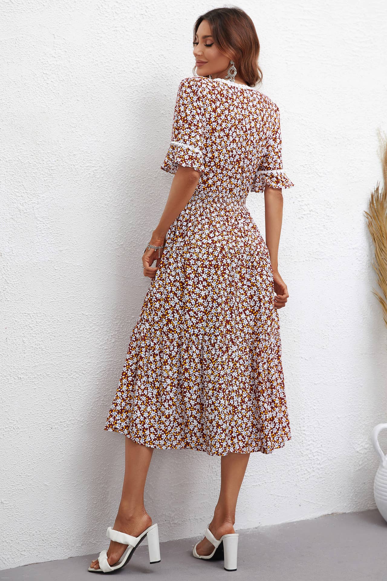 Stylish print square collar waist dress