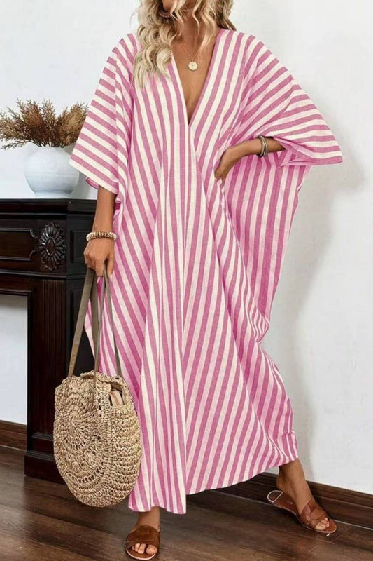 CWDMD5853_CASUAL LOOSE V-NECK STRIPED MAXI DRESS