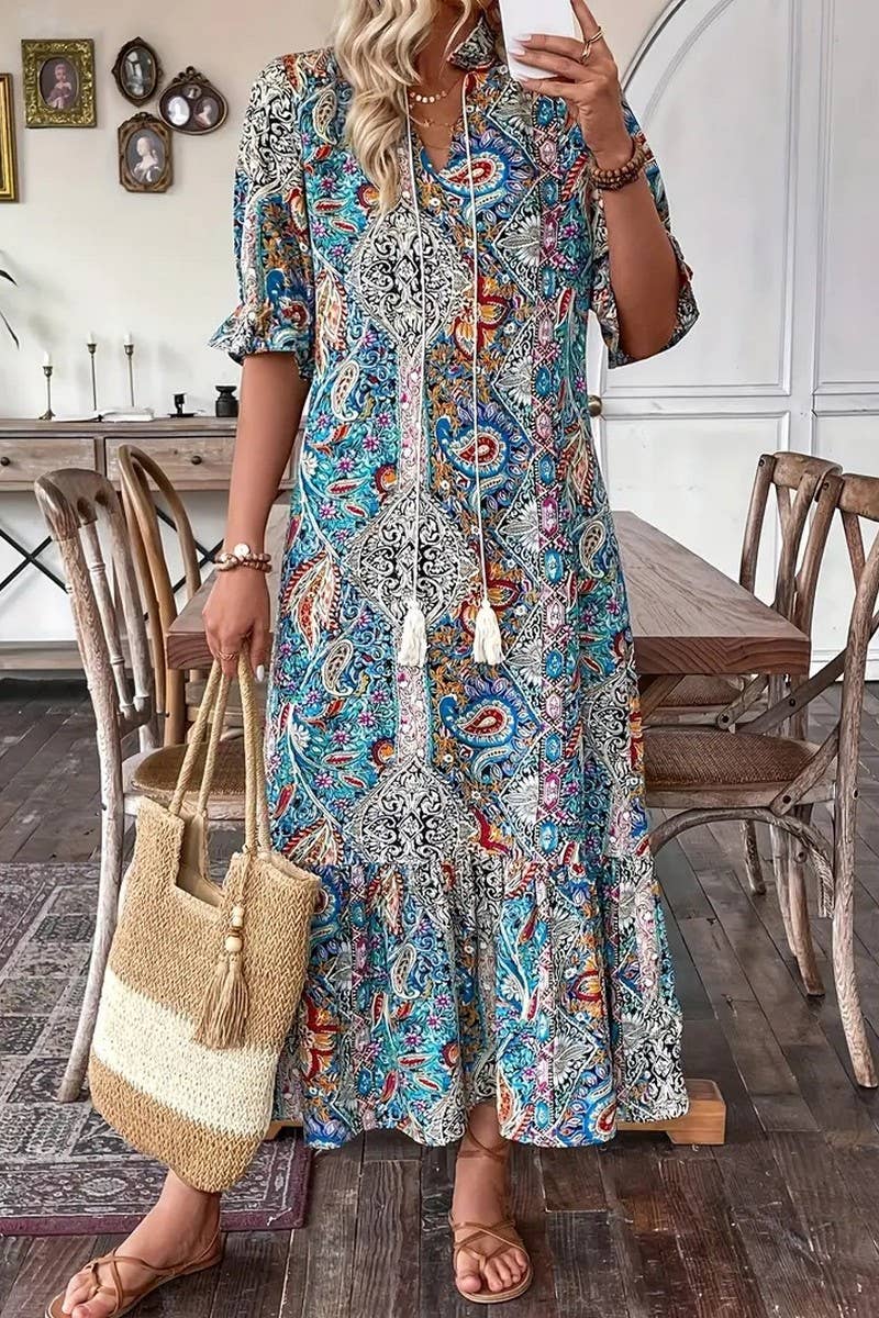 CWDMD4101_PRINTED ELBOW SLEEVE TIE-TIE RUFFLE DRESS