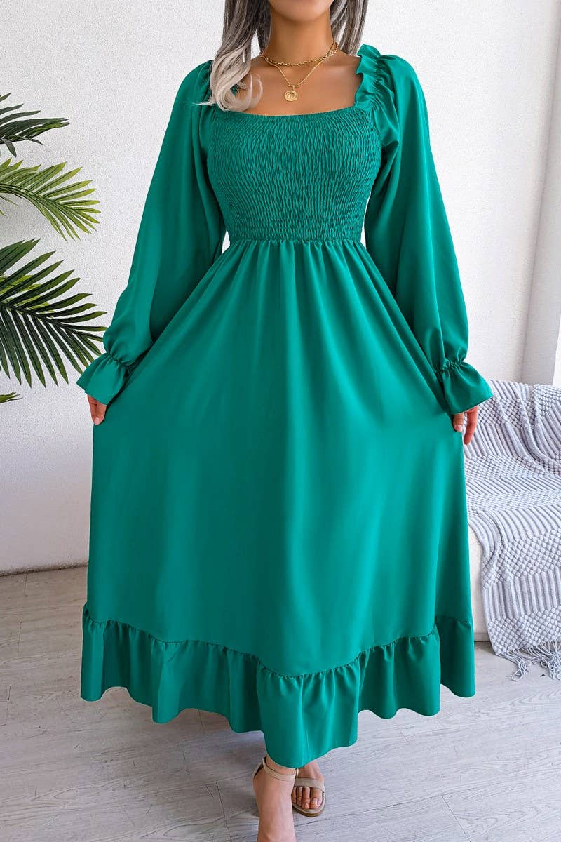 SQUARE NECK LARGE SWING FLOUNCES LONG DRESS_CWDMD1165