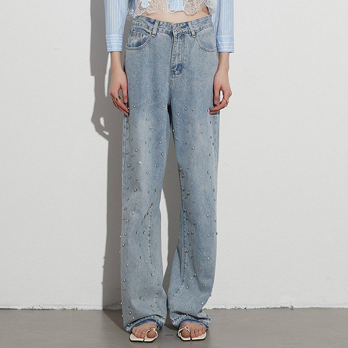 HIGH WAISTED STUDDED PEARL STRAIGHT LEG JEANS