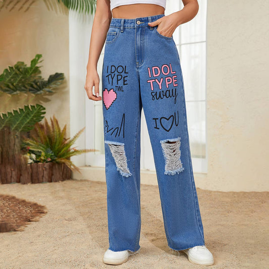 Graffiti printed loose,ripped denim trousers