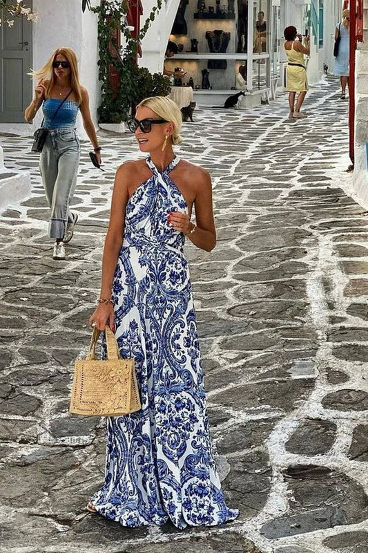 CWDHL0987_SUMMER BACKLESS HALTER NECK MAXI DRESS