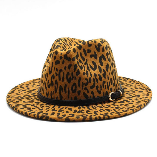 LEOPARD PRINT WOOLEN HAT FLAT BRIM JAZZHAT FELT HAT_CWAH2605