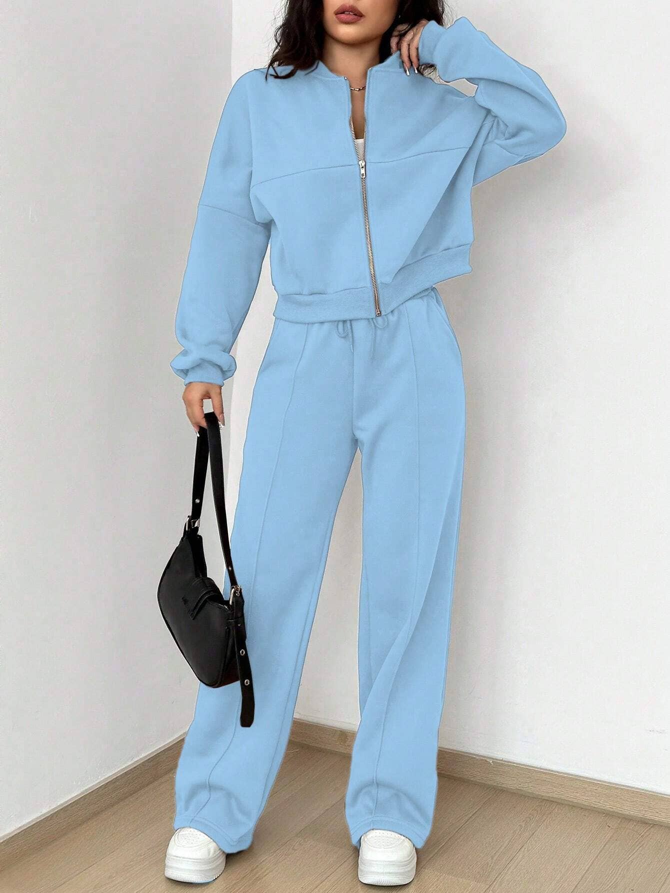 Zipper cardigan straight-leg sport pants set