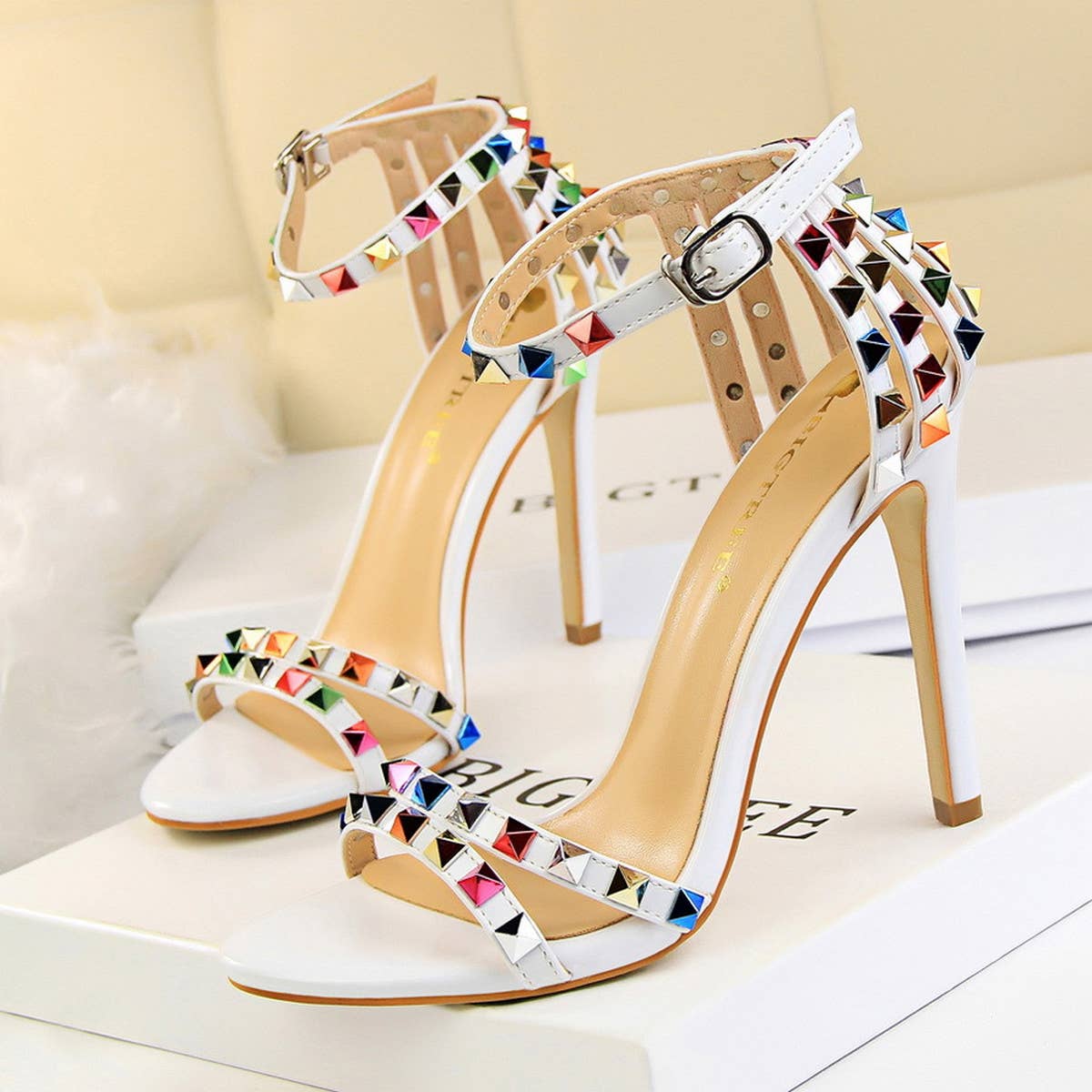 WOMEN STILETTO OPEN TOE STUDDED HIGH HEELS