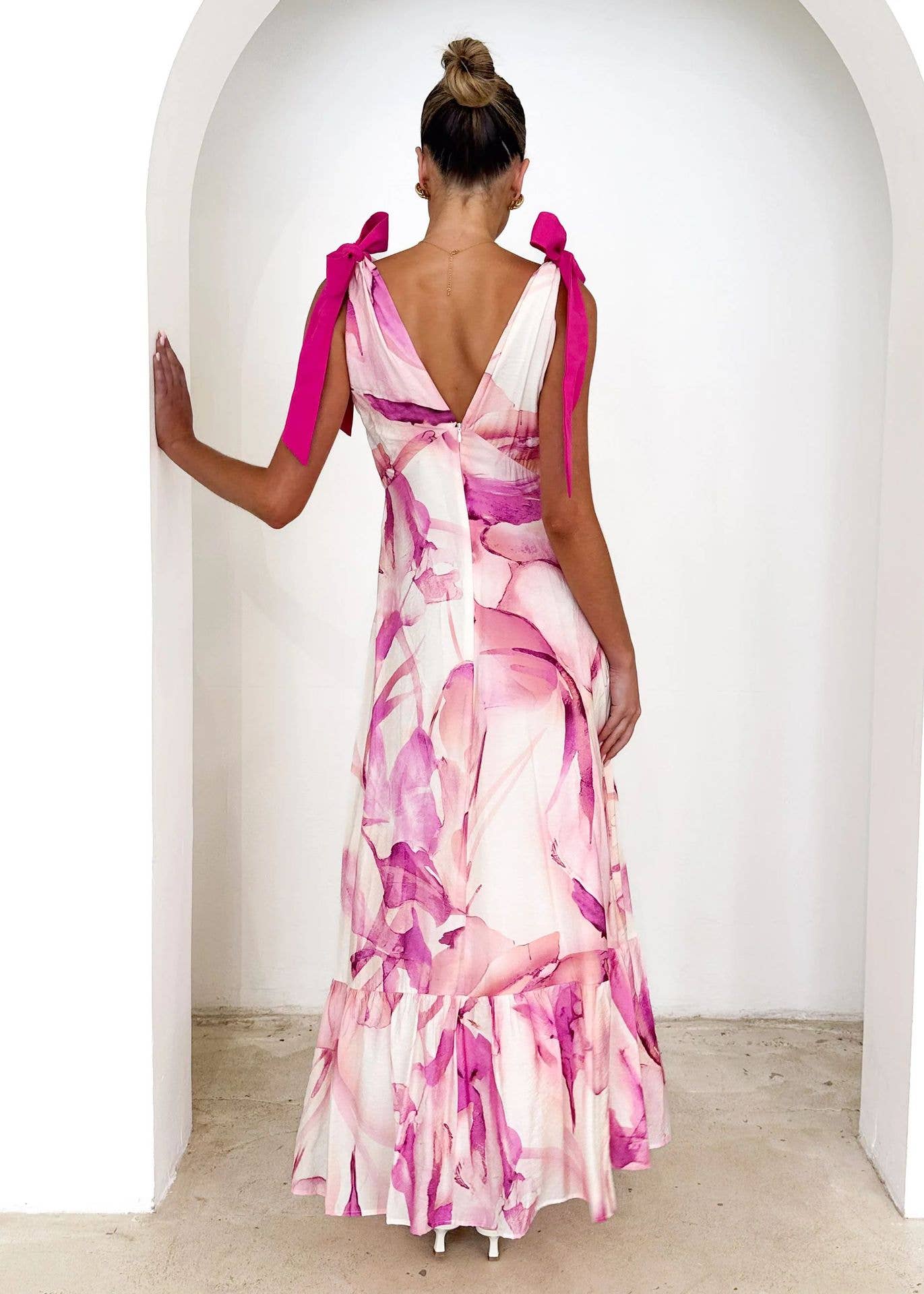 Lace-up V-neck print fashion loose long dress