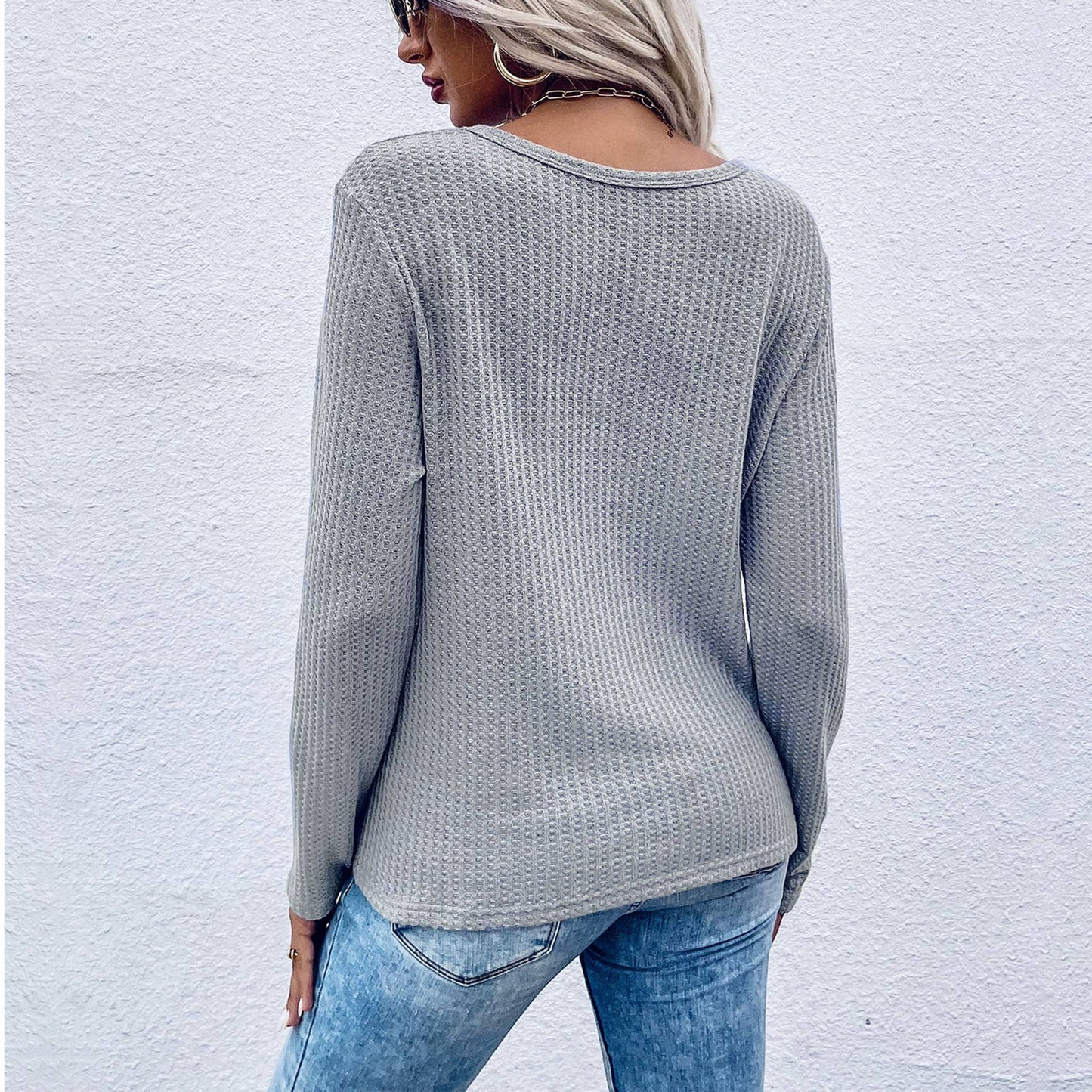 WAFFLE KNOT SOLID COLOR LONG SLEEVE BASE TOP
