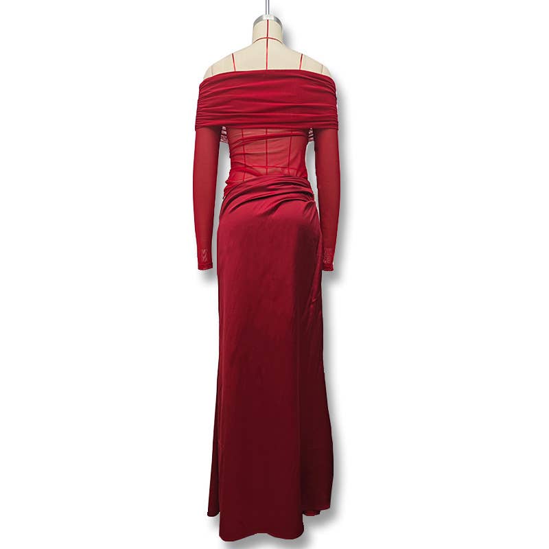 One-shoulder see-through mesh patchwork dress