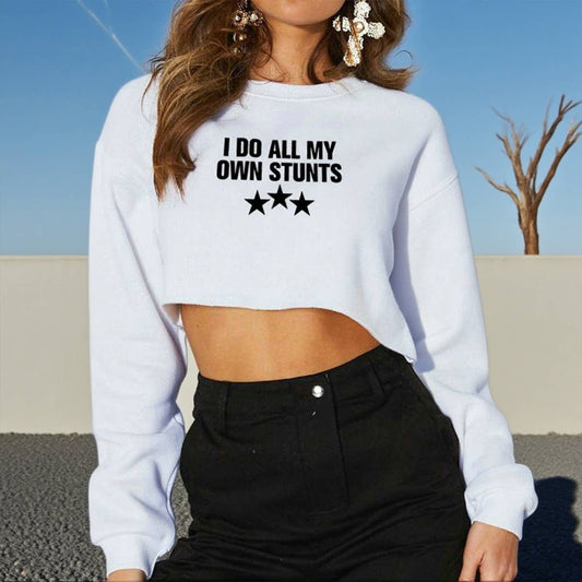 Round-neck printed long-sleeved crop top T-shirt
