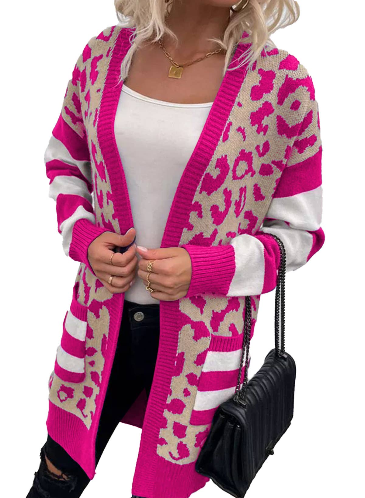 Women's mid-length leopard print cardigan coat