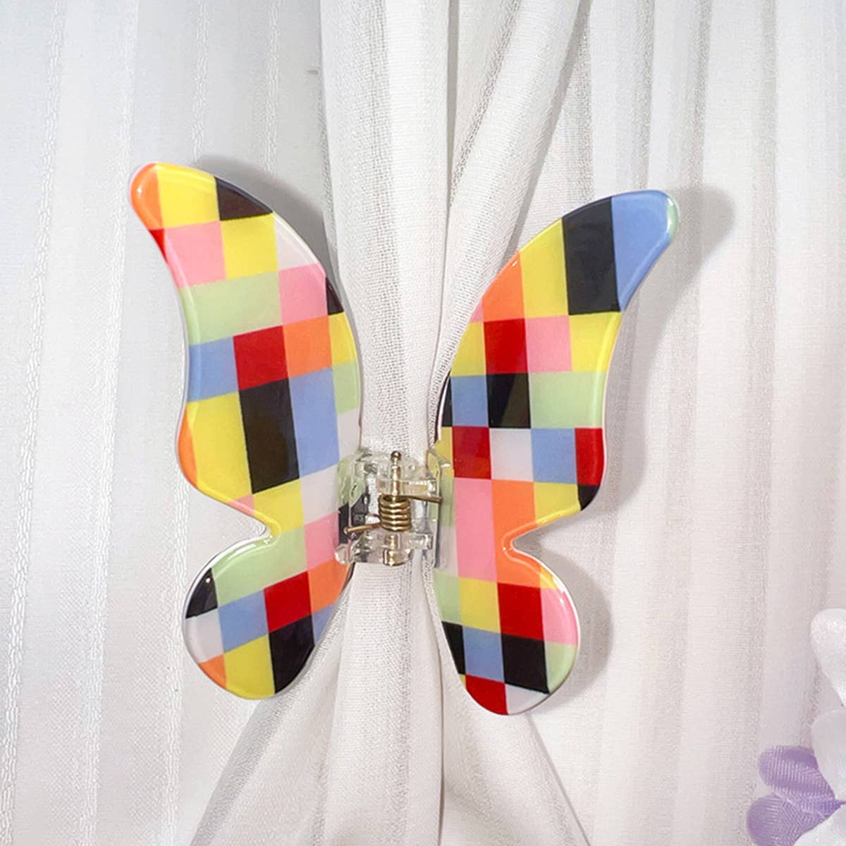 Colorful Plaid PVC Hair Claw Butterfly Color-Block_CWAHA1592