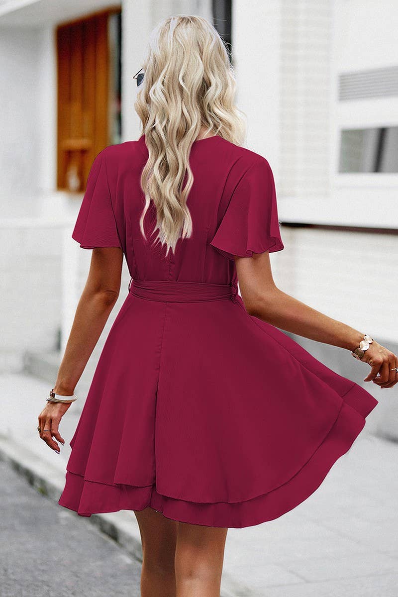 CWDSD2346_V-Neck Wrap ruffle Sleeve Floral Print Mini Dress