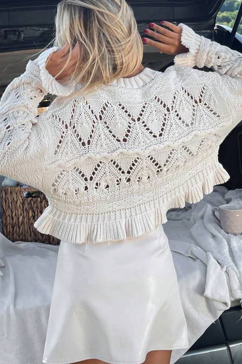 CWOSWL07627_CROCHET LONG SLEEVE ROUND NECK CROP SWEATER