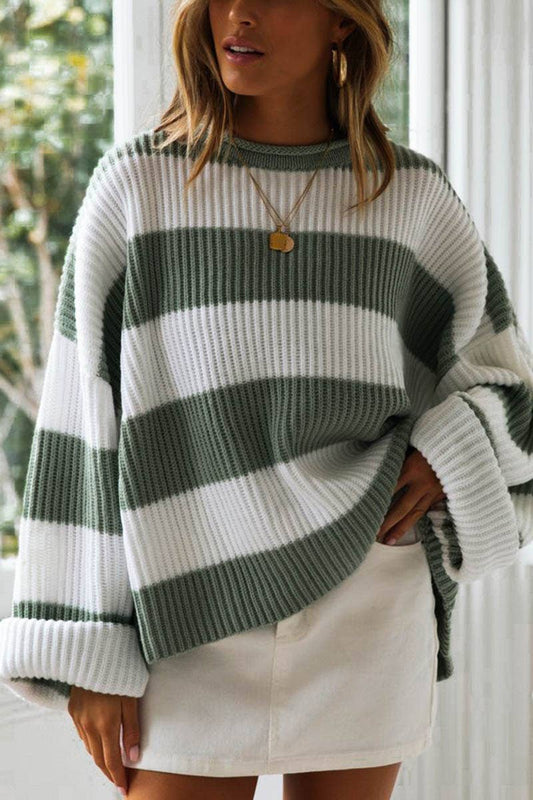 Rolled-up round-neck striped knitted sweater